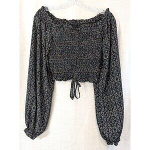 Evelyn Blue Smocked Crop Top Size MEDIUM Floral Long-Sleeve Off-Shoulder Blouse